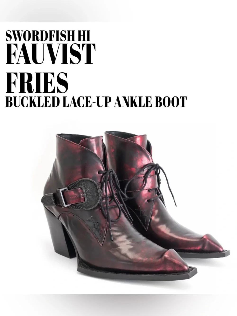John Fluevog Swordfish Hi Fauvist Fries Iridescent Red Ankle Boots 8 EUC - Picture 2 of 14